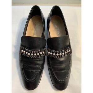 Authentic Chanel Leather Loafers 41 EU Black Pearl Chain Calfskin Moccasin Flats